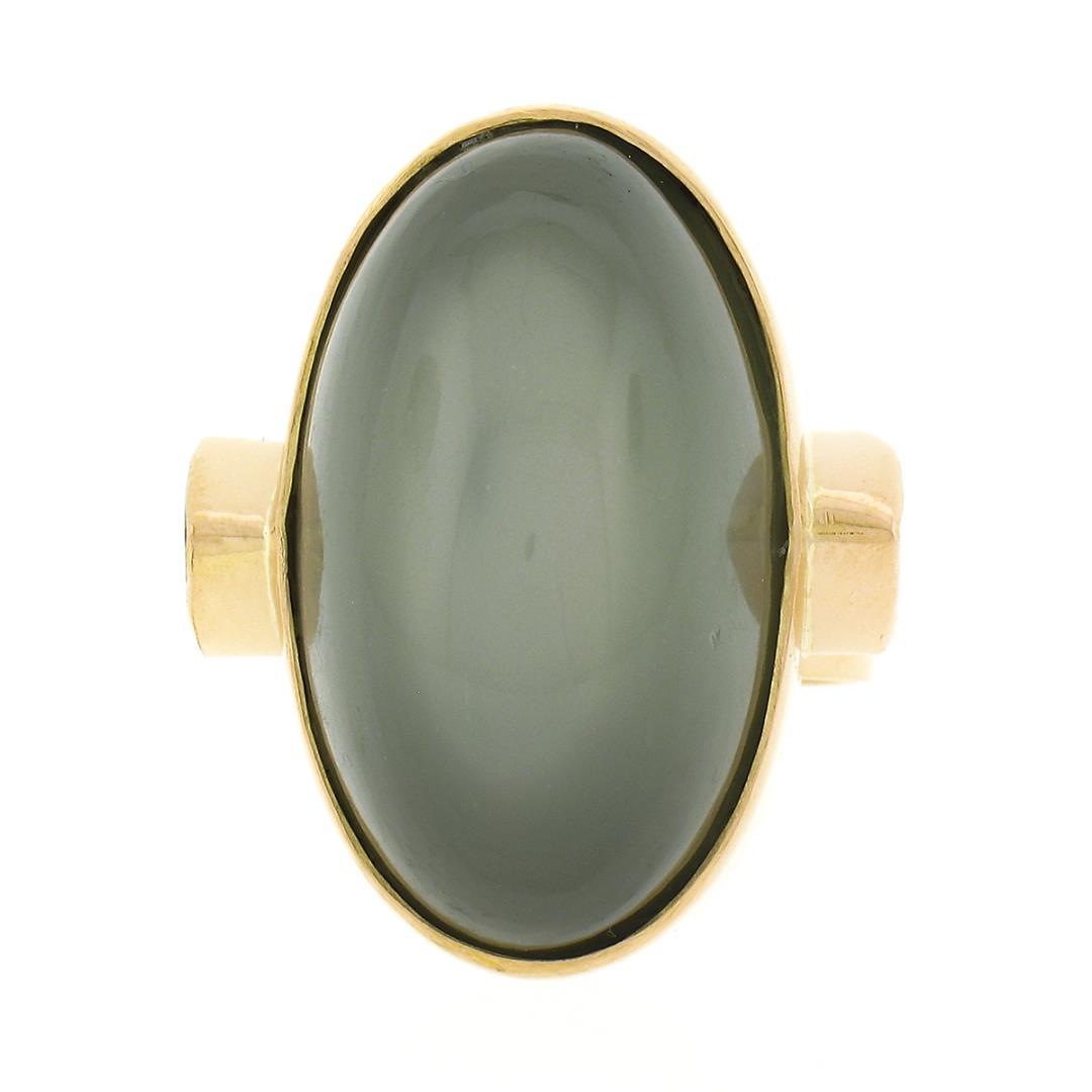 22K Gold Large GIA Oval Cabochon Bezel Cat's Eye Moonstone Trillion Peridot Ring