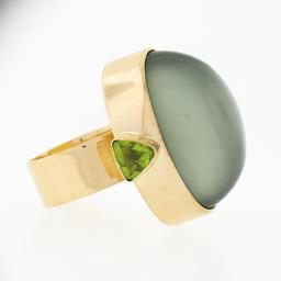 22K Gold Large GIA Oval Cabochon Bezel Cat's Eye Moonstone Trillion Peridot Ring