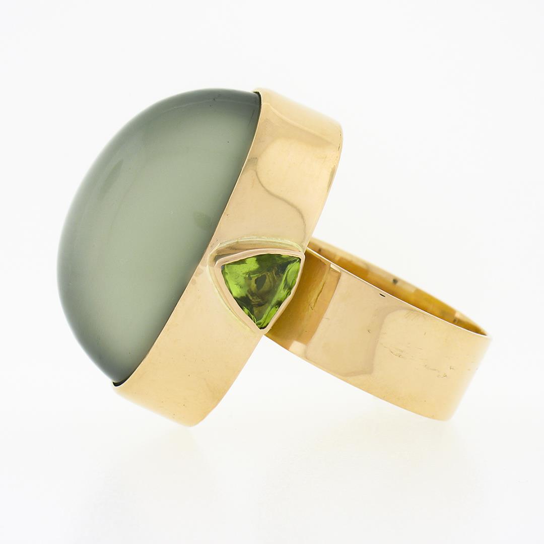 22K Gold Large GIA Oval Cabochon Bezel Cat's Eye Moonstone Trillion Peridot Ring