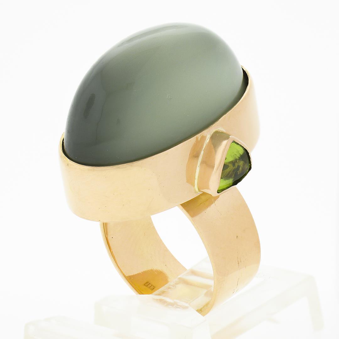 22K Gold Large GIA Oval Cabochon Bezel Cat's Eye Moonstone Trillion Peridot Ring