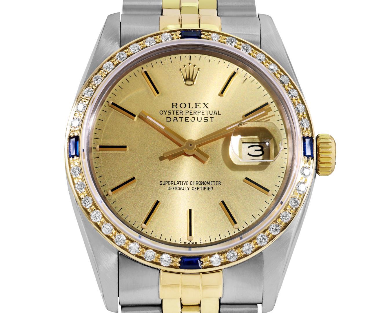 Rolex Mens Two Tone Champagne Index Dial Diamond And Sapphire Datejust With Role