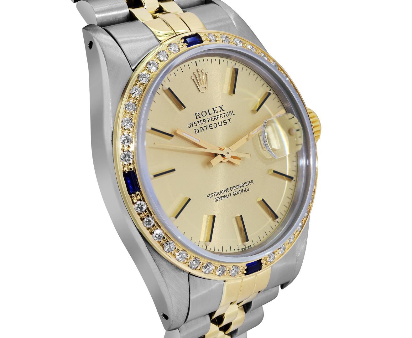 Rolex Mens Two Tone Champagne Index Dial Diamond And Sapphire Datejust With Role