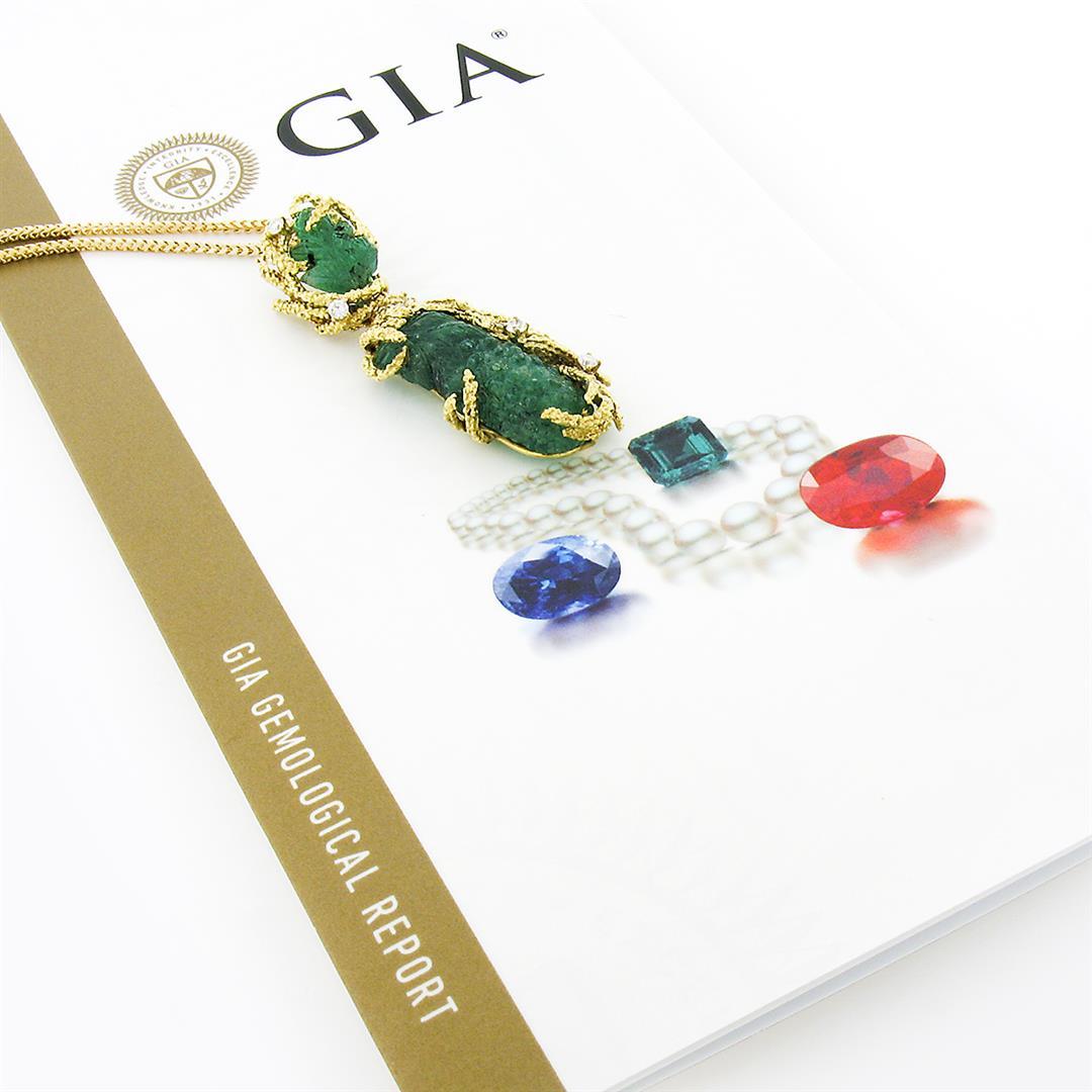 Vintage 18k Gold GIA Carved Emerald & Diamond Textured Dangle Pendant Necklace