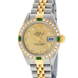 Rolex Ladies Two Tone 18K Quickset Sapphire Champagne Diamond And Emerald Dateju
