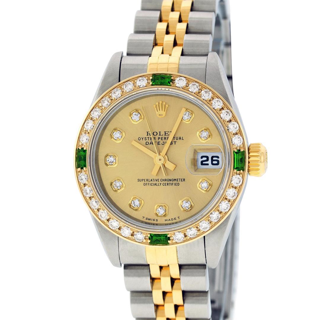 Rolex Ladies Two Tone 18K Quickset Sapphire Champagne Diamond And Emerald Dateju