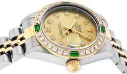 Rolex Ladies Two Tone 18K Quickset Sapphire Champagne Diamond And Emerald Dateju