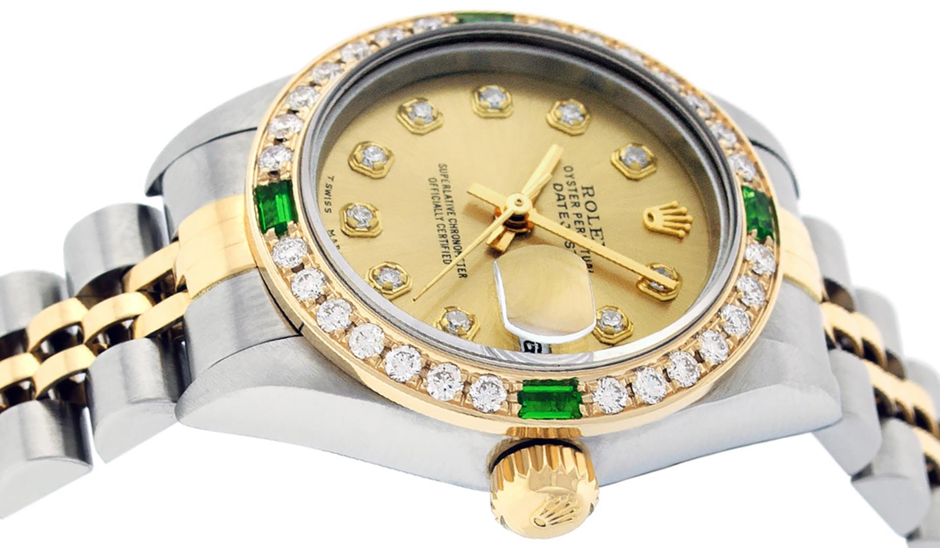 Rolex Ladies Two Tone 18K Quickset Sapphire Champagne Diamond And Emerald Dateju