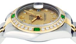 Rolex Ladies Two Tone 18K Quickset Sapphire Champagne Diamond And Emerald Dateju