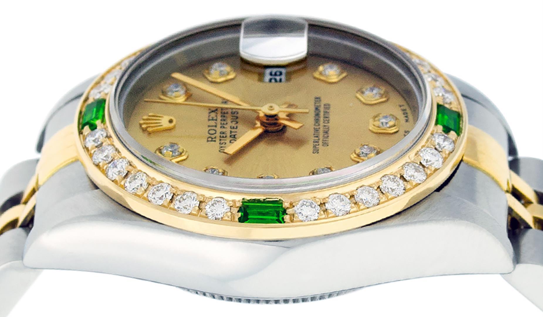 Rolex Ladies Two Tone 18K Quickset Sapphire Champagne Diamond And Emerald Dateju