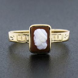 Antique Victorian 10k Gold Petite Bezel Set Rectangular Carved Agate Cameo Ring