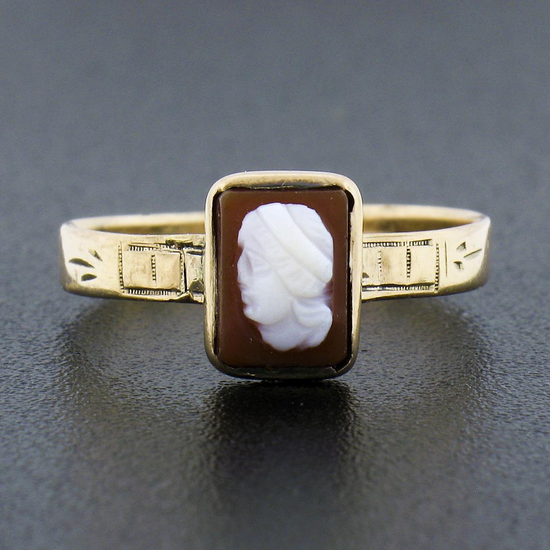 Antique Victorian 10k Gold Petite Bezel Set Rectangular Carved Agate Cameo Ring