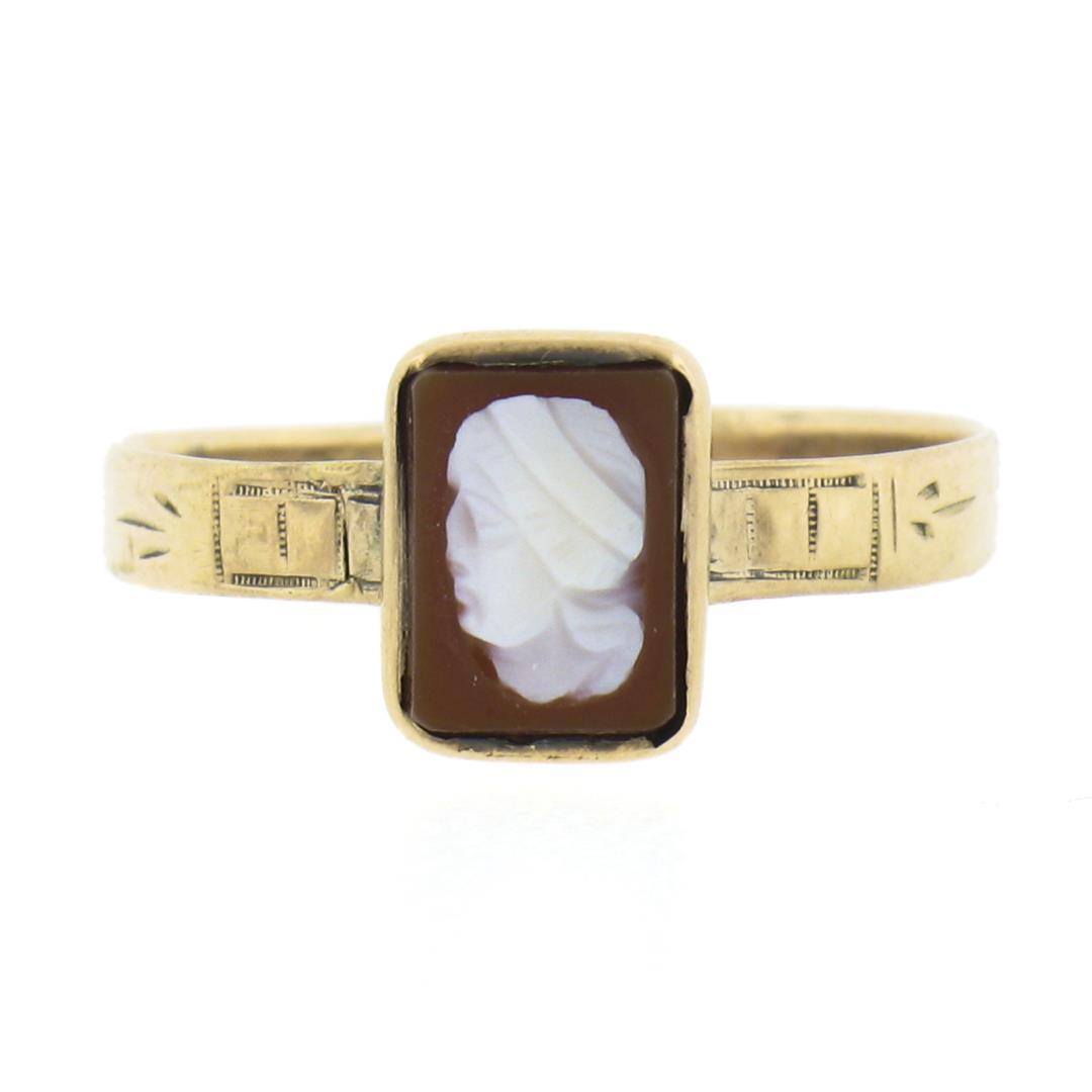 Antique Victorian 10k Gold Petite Bezel Set Rectangular Carved Agate Cameo Ring