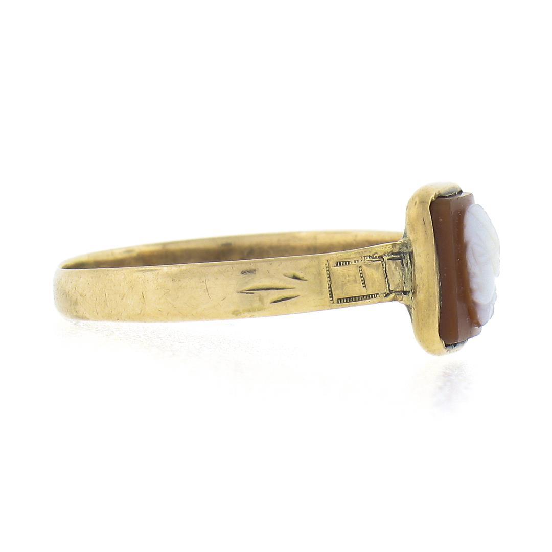 Antique Victorian 10k Gold Petite Bezel Set Rectangular Carved Agate Cameo Ring