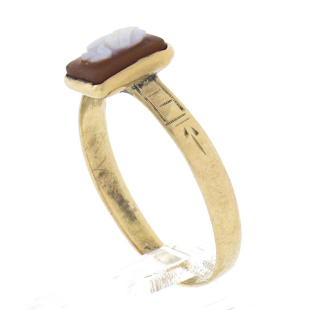 Antique Victorian 10k Gold Petite Bezel Set Rectangular Carved Agate Cameo Ring