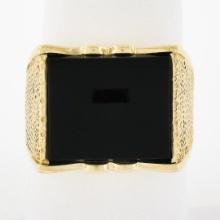 Men's Vintage 14K Yellow Gold Rectangular Black Onyx w/ Textured Sides Wide Ring