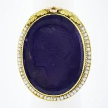 14k Gold Left Facing Amethyst Cameo Ring w/ Seed Pearl Filigree & Floral Frame