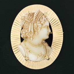 Vintage Retro 14K Rosy Yellow Gold Carved White Shell Fluted Pin Brooch Pendant