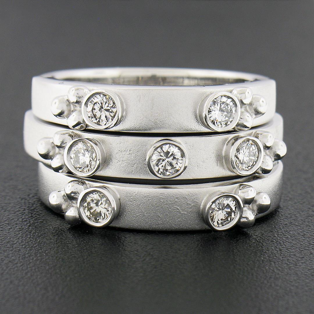 (3) New 14K Gold Puzzle Matte Finish Stack Band Rings W/ 0.46 ctw Bezel Diamonds