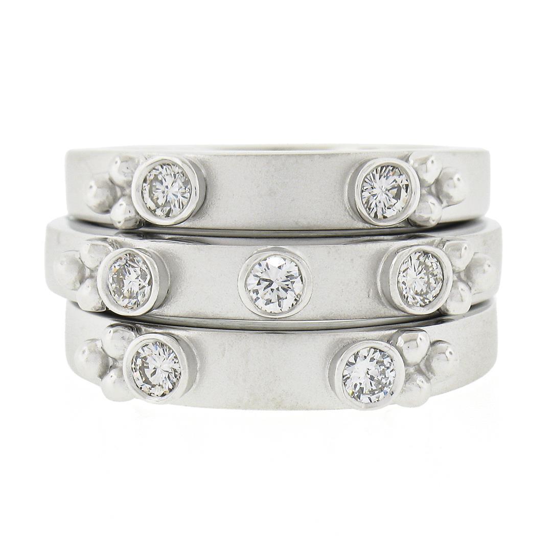 (3) New 14K Gold Puzzle Matte Finish Stack Band Rings W/ 0.46 ctw Bezel Diamonds