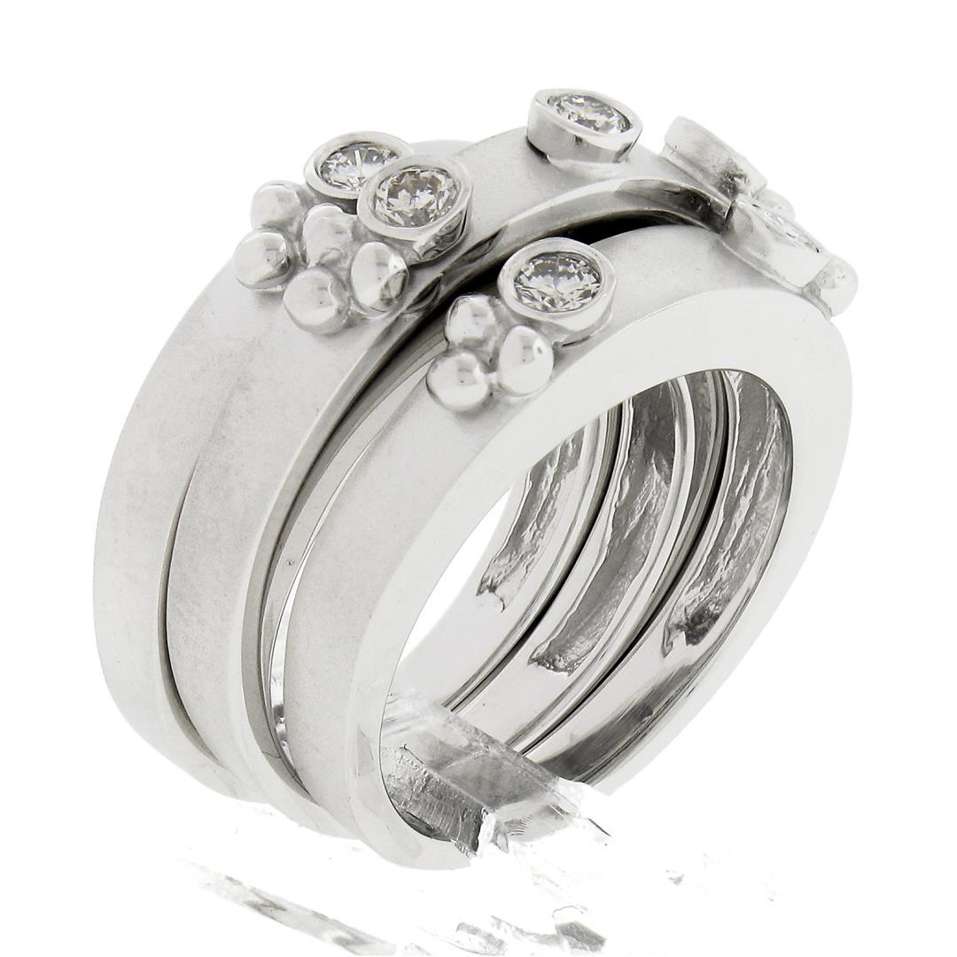 (3) New 14K Gold Puzzle Matte Finish Stack Band Rings W/ 0.46 ctw Bezel Diamonds