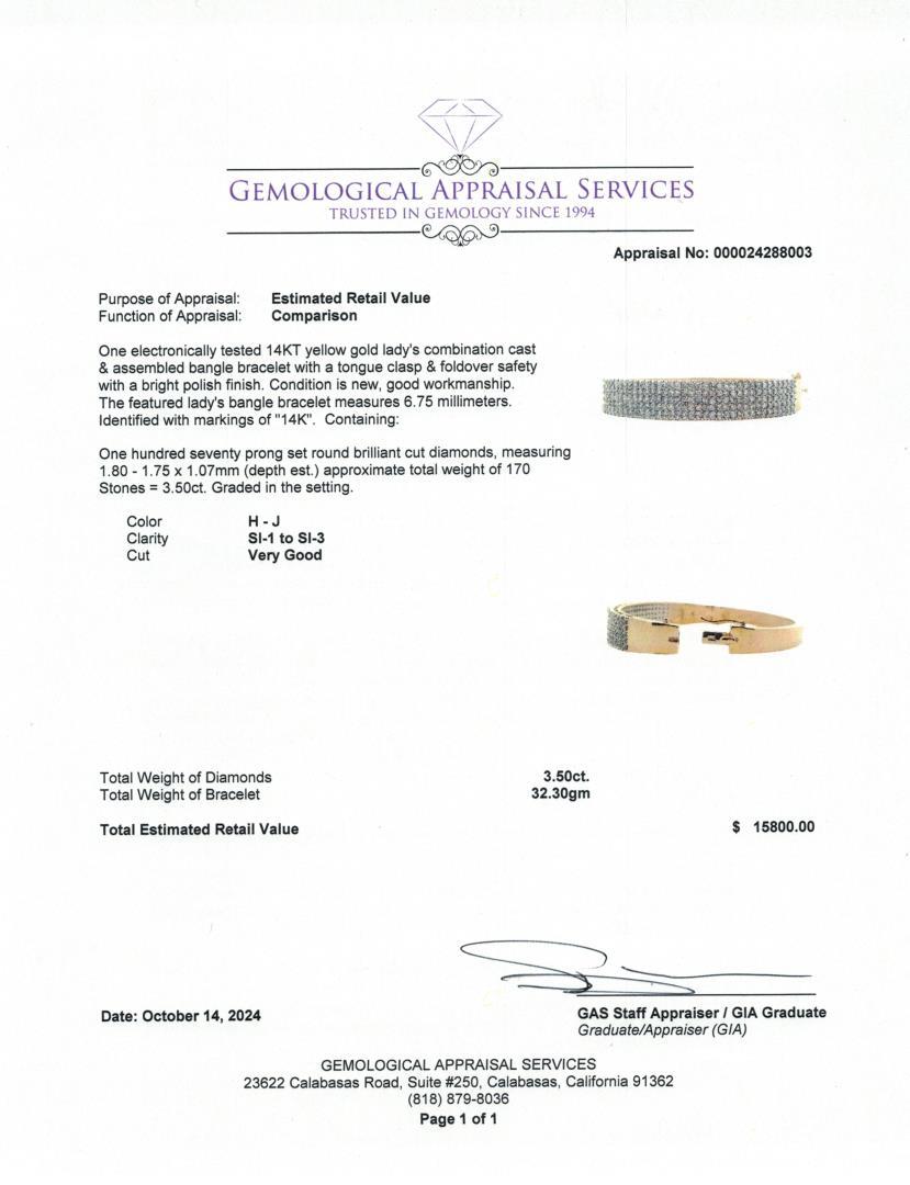 14KT Yellow Gold 3.50 ctw Diamond Bangle Bracelet