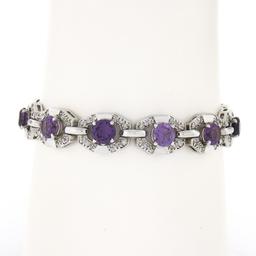 6.25" Vintage 14k White Gold Round Synthetic Alexandrite Diamond Tennis Bracelet