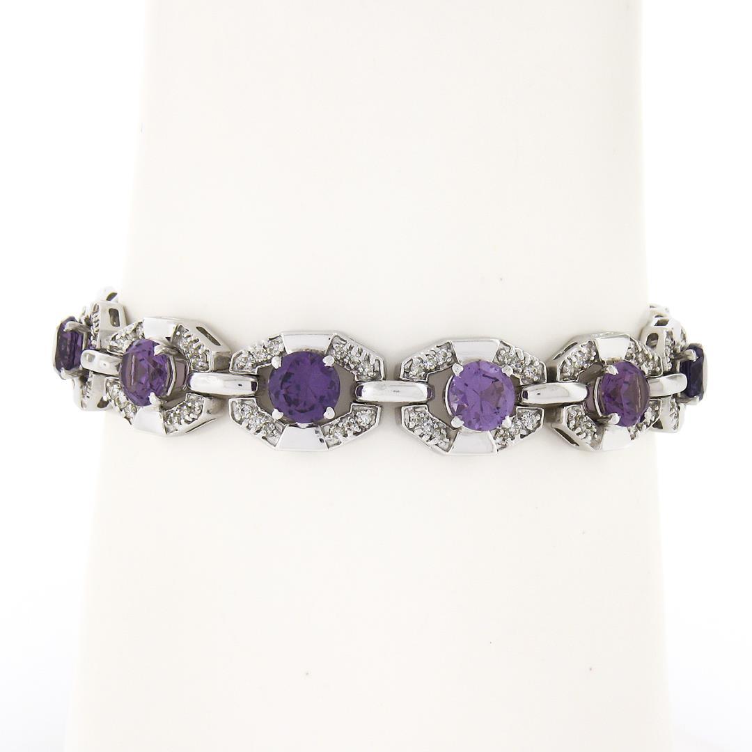 6.25" Vintage 14k White Gold Round Synthetic Alexandrite Diamond Tennis Bracelet