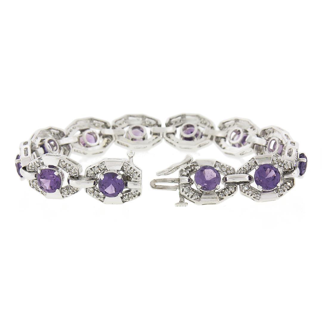 6.25" Vintage 14k White Gold Round Synthetic Alexandrite Diamond Tennis Bracelet