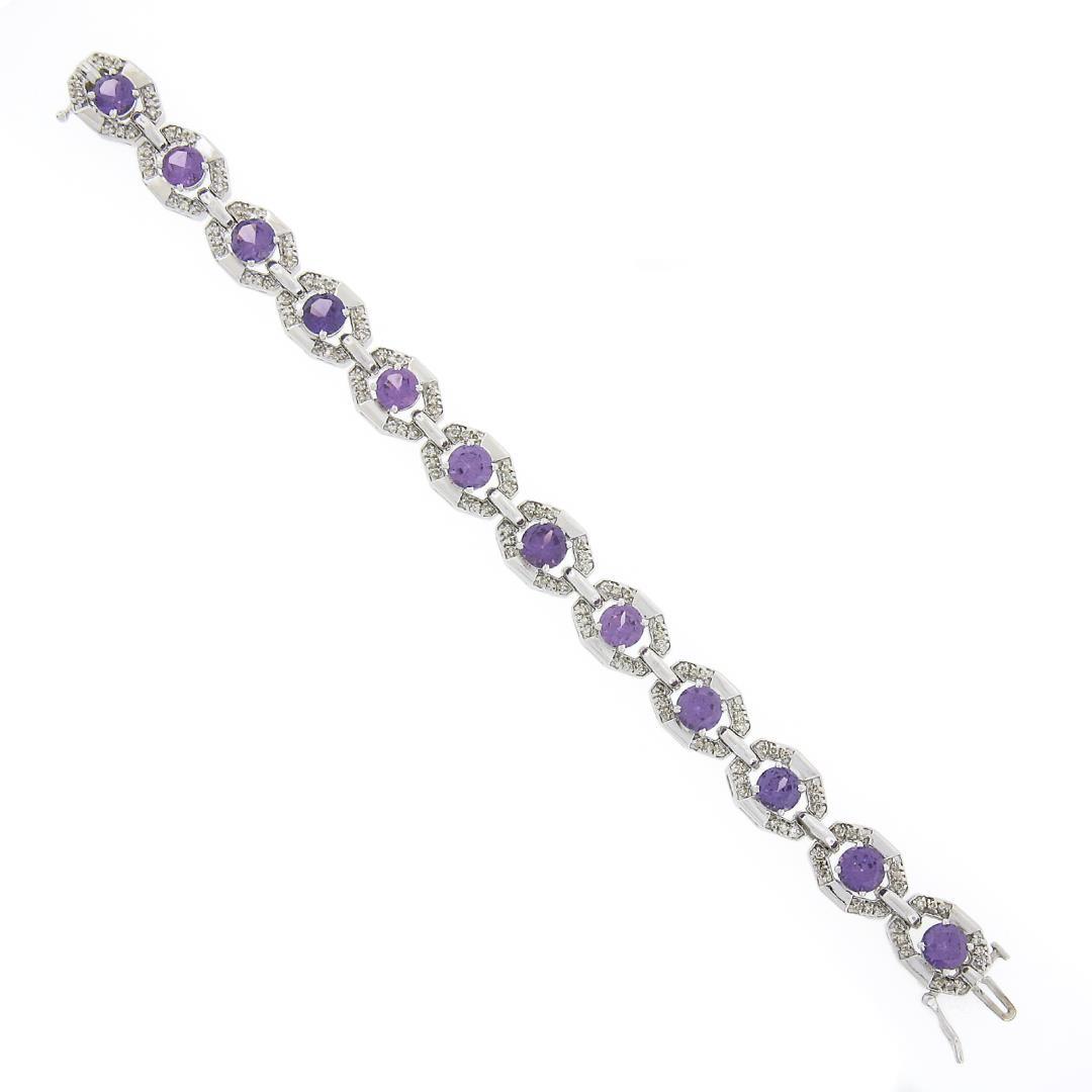 6.25" Vintage 14k White Gold Round Synthetic Alexandrite Diamond Tennis Bracelet