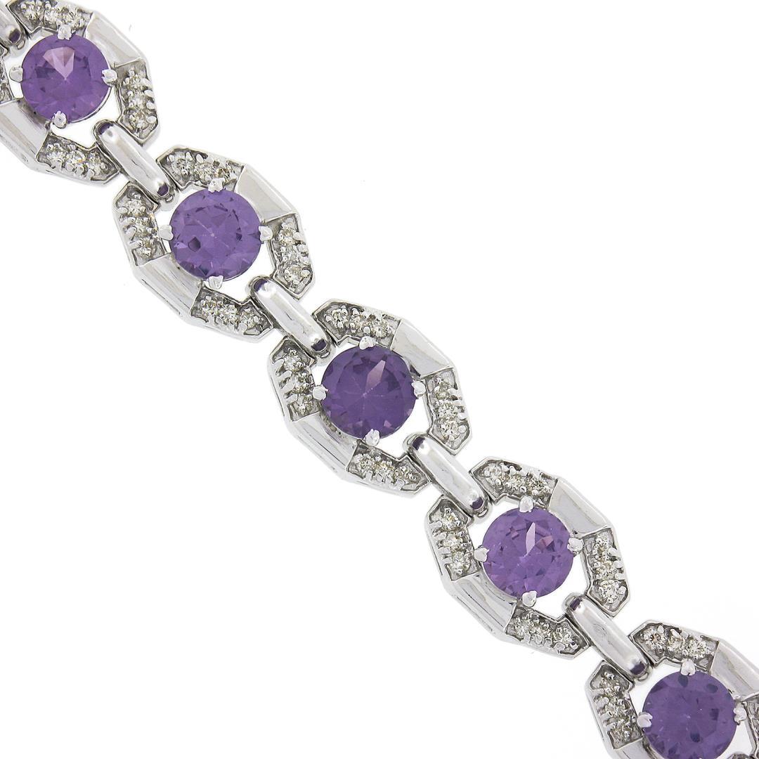 6.25" Vintage 14k White Gold Round Synthetic Alexandrite Diamond Tennis Bracelet