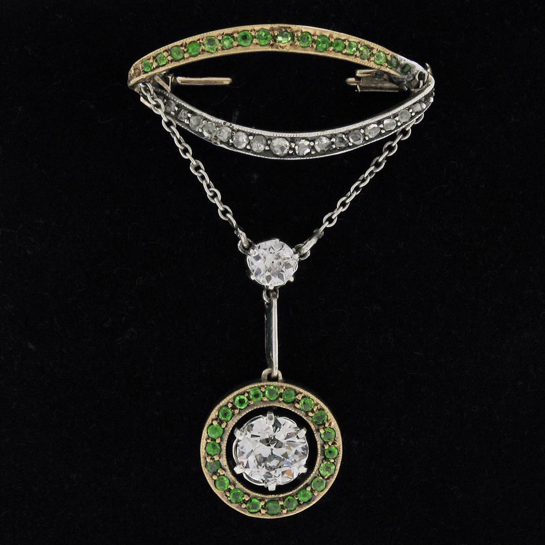 Antique Edwardian 18K Gold 2.53 ctw GIA Diamond & Demantoid Garnet Drop Pin Broo