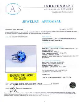 3.79 ctw Tanzanite and 0.66 ctw Diamond Platinum Ring