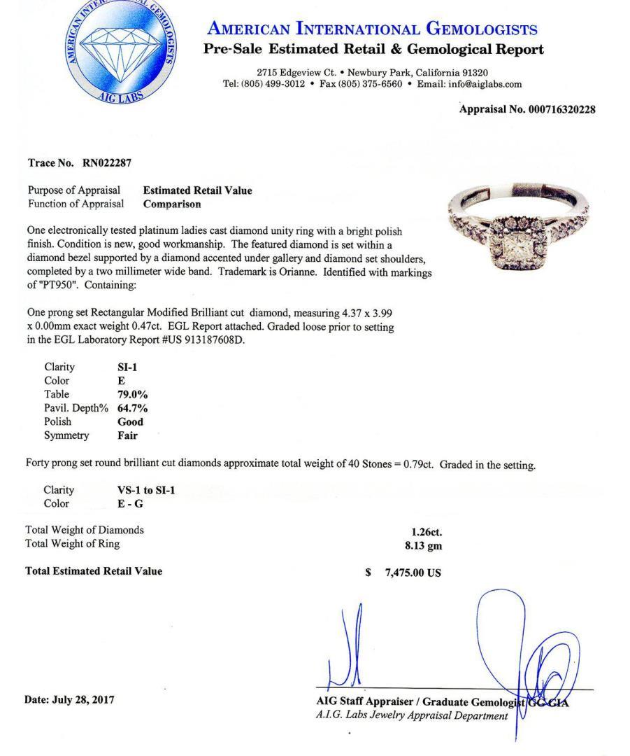 1.26 ctw SI1 CLARITY E COLOR Diamond Platinum Ring (EGL USA CERTIFIED)