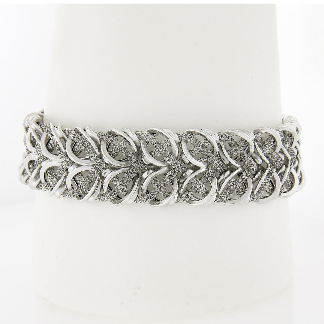 Italian 14K White Gold 7.5" Mesh Tube & Polished Unique Link Wide Strap Bracelet