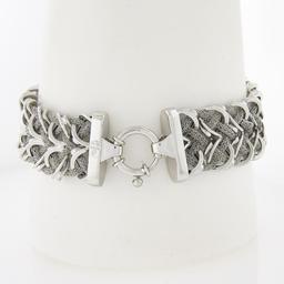 Italian 14K White Gold 7.5" Mesh Tube & Polished Unique Link Wide Strap Bracelet