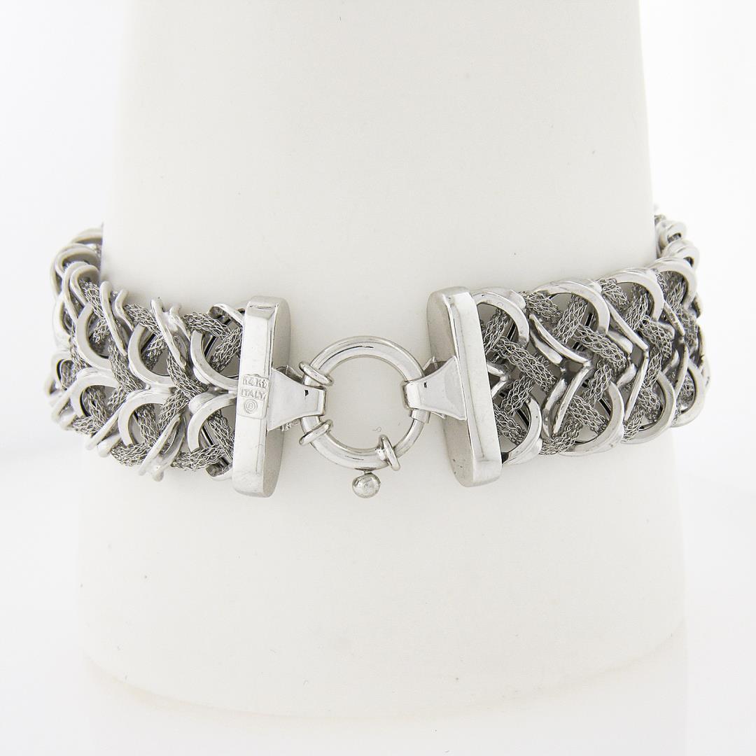 Italian 14K White Gold 7.5" Mesh Tube & Polished Unique Link Wide Strap Bracelet