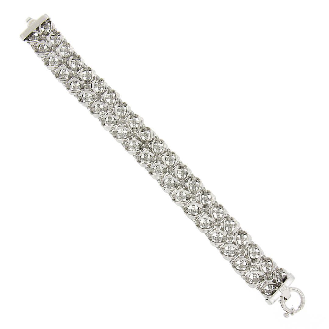Italian 14K White Gold 7.5" Mesh Tube & Polished Unique Link Wide Strap Bracelet