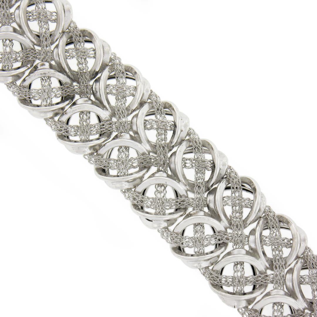 Italian 14K White Gold 7.5" Mesh Tube & Polished Unique Link Wide Strap Bracelet