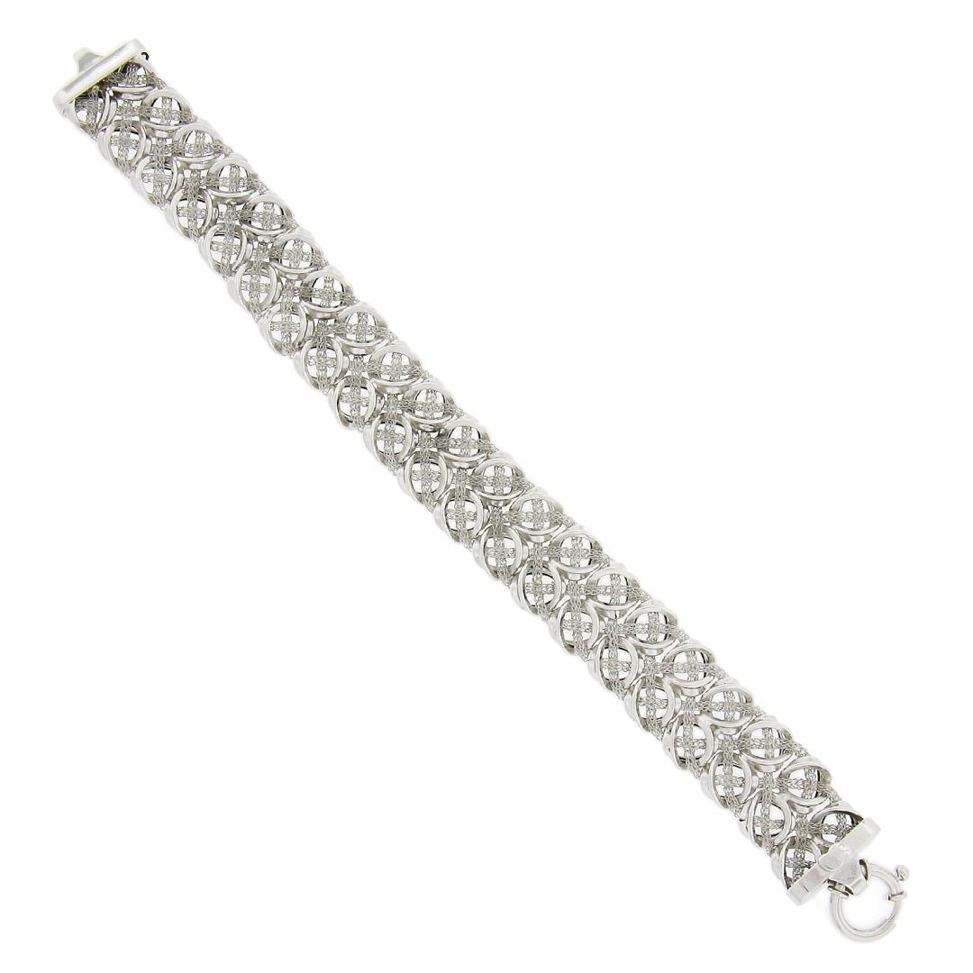 Italian 14K White Gold 7.5" Mesh Tube & Polished Unique Link Wide Strap Bracelet