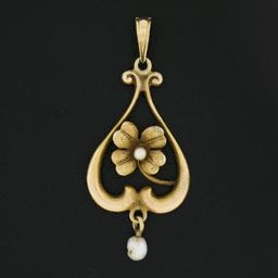 Art Nouveau 14k Gold Seed & Baroque Pearl Dangle 4 Leaf Clover Lavalier Pendant