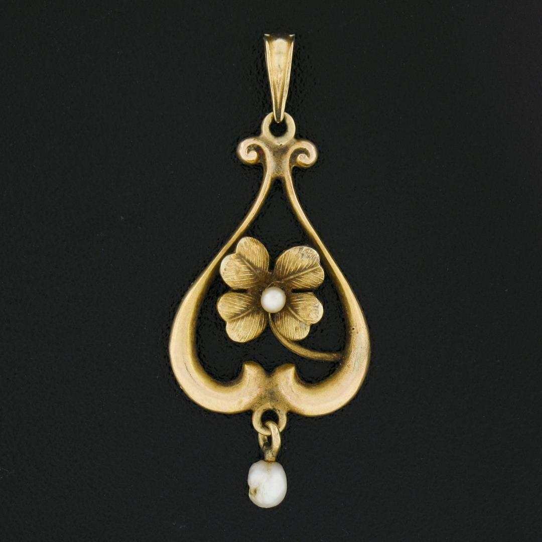 Art Nouveau 14k Gold Seed & Baroque Pearl Dangle 4 Leaf Clover Lavalier Pendant