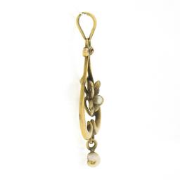 Art Nouveau 14k Gold Seed & Baroque Pearl Dangle 4 Leaf Clover Lavalier Pendant