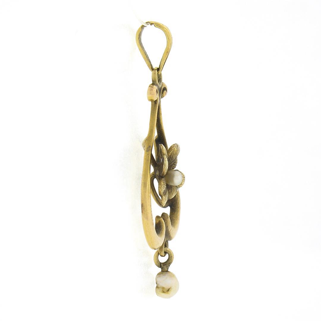 Art Nouveau 14k Gold Seed & Baroque Pearl Dangle 4 Leaf Clover Lavalier Pendant