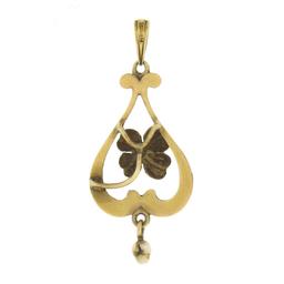 Art Nouveau 14k Gold Seed & Baroque Pearl Dangle 4 Leaf Clover Lavalier Pendant