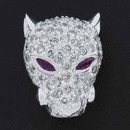 Italian 14K White Gold 2.30 ctw Diamond & Ruby Panther Face Head Slide Pendant
