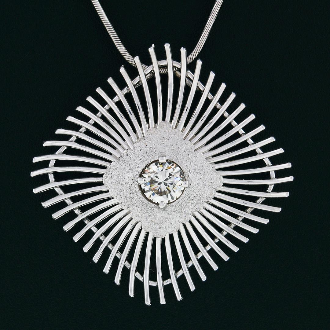 Vintage Handmade 18k White Gold 0.94 ctw Large Open Wire Cushion Pendant Necklac