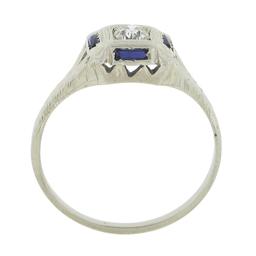 Antique Art Deco 18K White Gold 0.15 ctw Diamond w/ Sapphire Engraved Work Ring