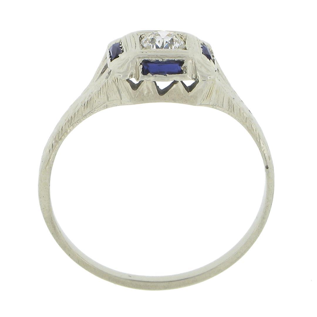 Antique Art Deco 18K White Gold 0.15 ctw Diamond w/ Sapphire Engraved Work Ring