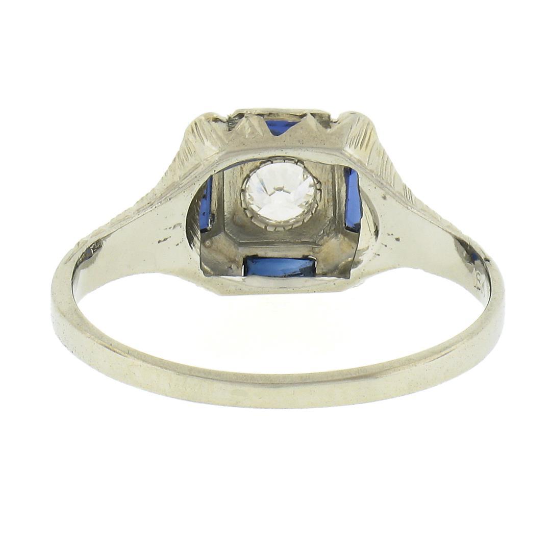 Antique Art Deco 18K White Gold 0.15 ctw Diamond w/ Sapphire Engraved Work Ring