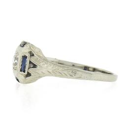 Antique Art Deco 18K White Gold 0.15 ctw Diamond w/ Sapphire Engraved Work Ring